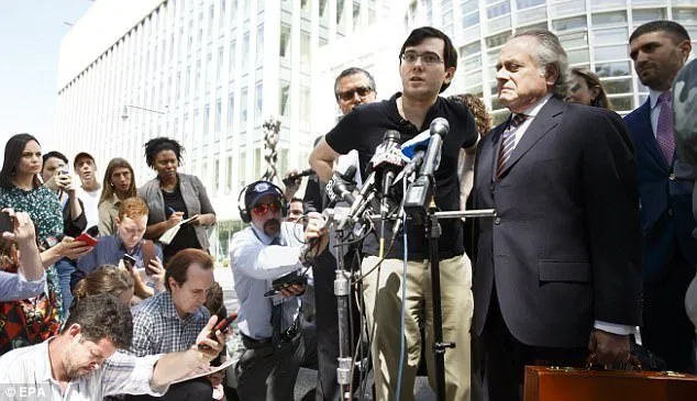 Shkreli's lawyer (second from right) agreed his client (third from right) could be annoying, saying, 'In terms of people skills, he's impossible,' and referring to him as a 'nerd' and a 'mad scientist.' But he said his hedge fund investors knew what they were getting